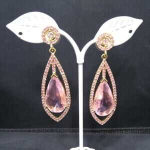 Pink Pave Rhinestone Crystal Post Earrings, Gold Tone, Large Pink Dangle Crystal